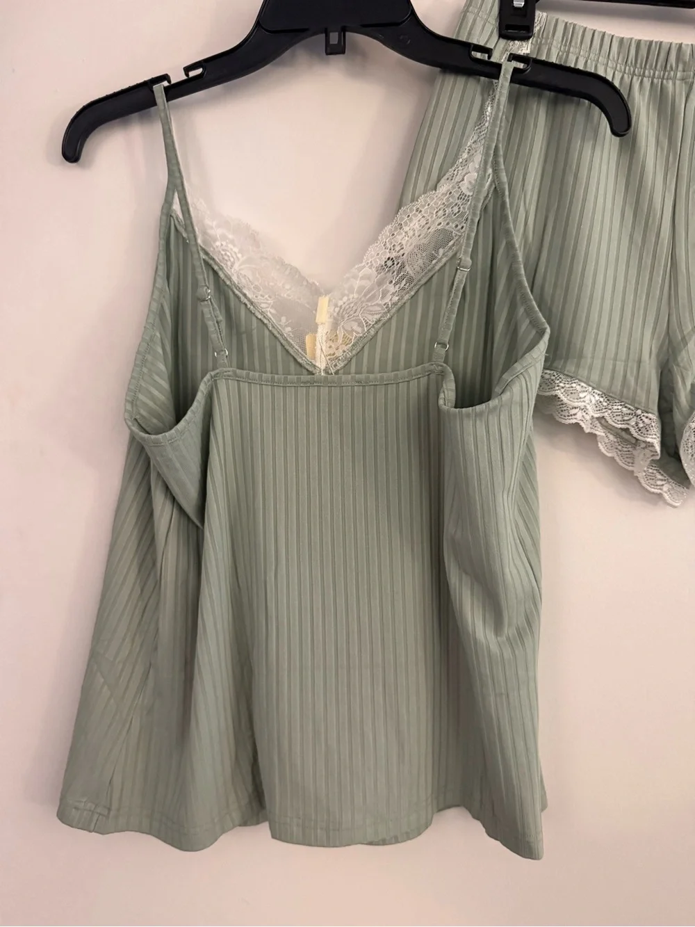 Ike & Jay Sage Green Ribbed Lace Cami & Short Sleep Set